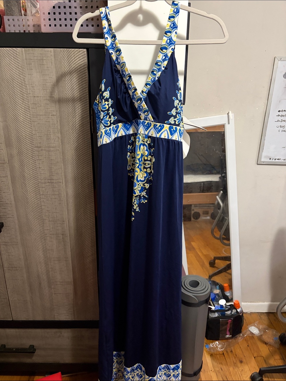 INC International Concepts Navy Maxi Dress with Yellow & White Accents